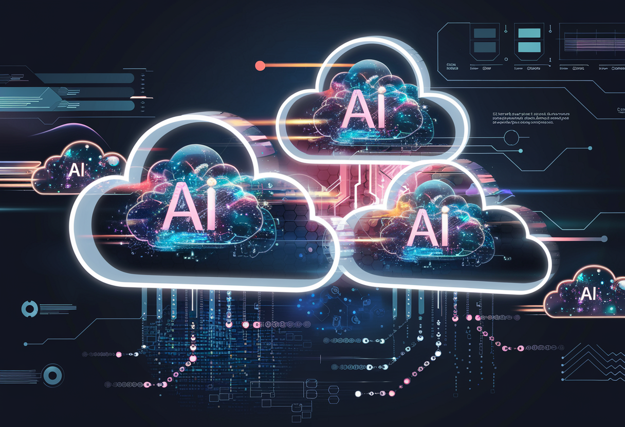 Futuristic digital clouds with flowing data and glowing AI algorithms, symbolizing the seamless integration of artificial intelligence and scalable cloud infrastructure, representing innovation and technological synergy